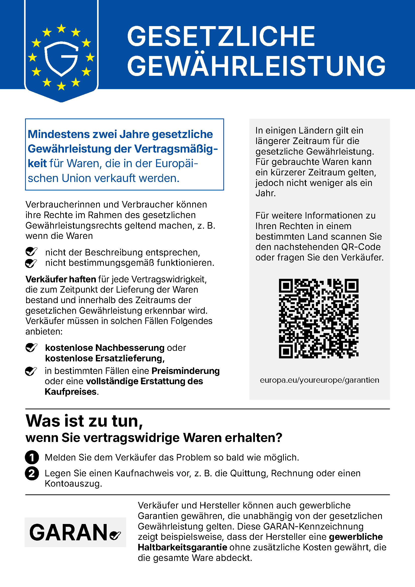 EU-Hinweis zur gesetzlichen Gewährleistung: Bei Mängeln besteht eine gesetzliche Gewährleistung von mindestens zwei Jahren. Der Link führt zum EU-Portal ‚Ihr Europa‘.